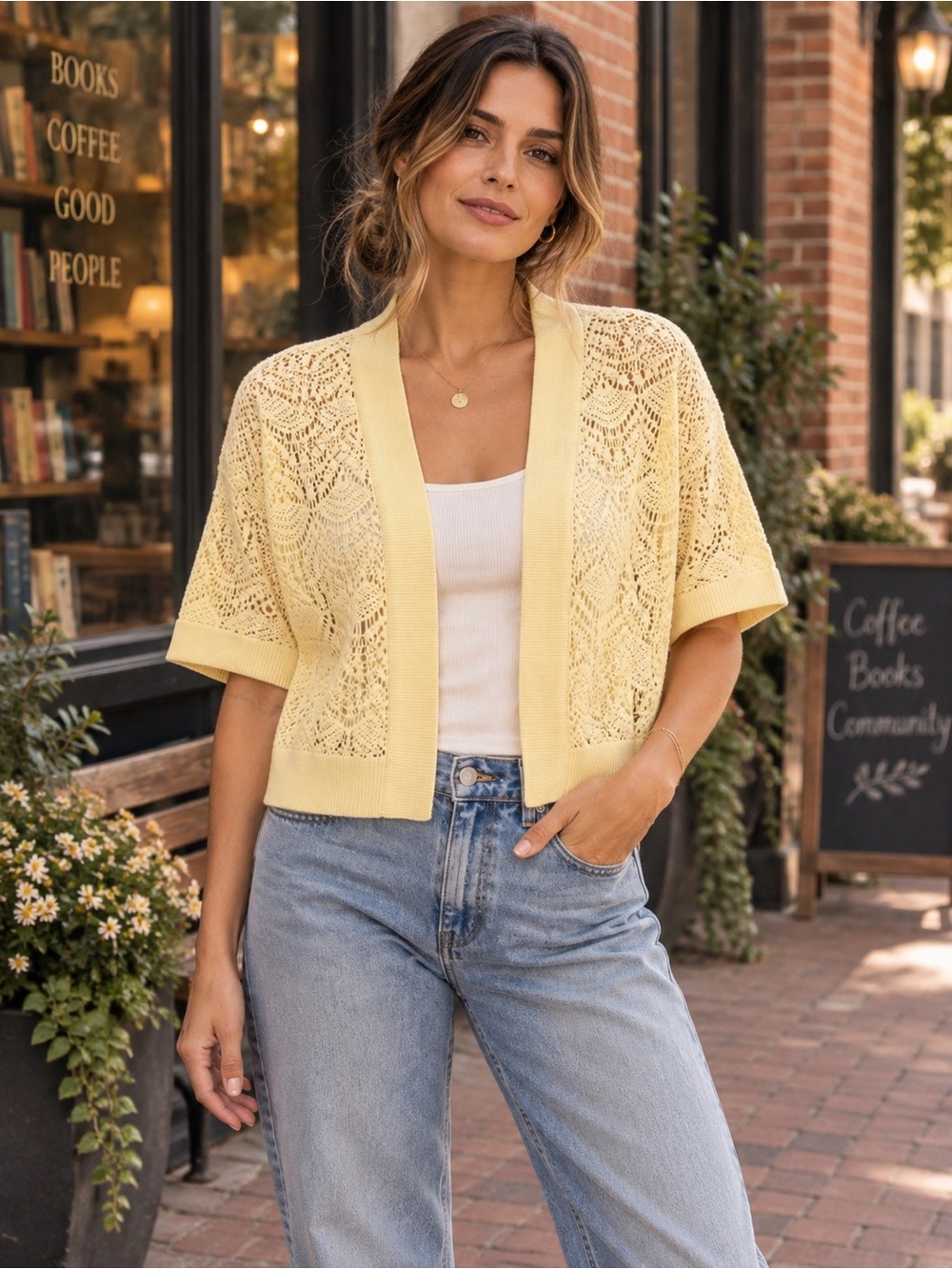 Peter Nygard Butter Yellow Crochet Open Knit Short Sleeve Cardigan